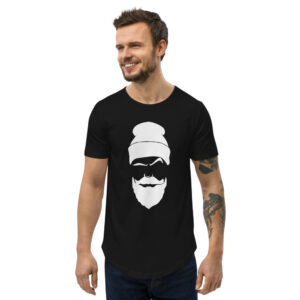 Men's Curved Hem T-Shirt- Beard and Beanie- White Logo