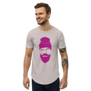 Men's Curved Hem T-Shirt- Beard and Beanie- Pink Logo